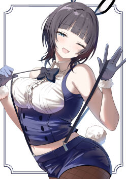 1girl ;d absurdres animal_ear_hairband animal_ears asaka_karin black_bow black_bowtie black_hair blue_eyes blue_gloves blunt_bangs bow bowtie breasts commentary_request fake_animal_ears fishnet_pantyhose fishnets gloves hairband highres large_breasts love_live! love_live!_nijigasaki_high_school_idol_club midriff one_eye_closed open_mouth pantyhose rabbit_ear_hairband rabbit_ears shorts smile solo suspender_shorts suspenders yuu_(shampoohatslime)