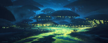 5others andreas_rocha commentary english_commentary fantasy fireflies forest glowing highres landscape liquid multiple_others nature original outdoors scenery signature stream tree wide_shot