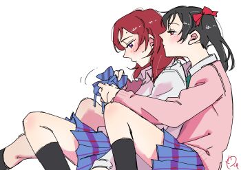 Rule 34 | 2girls, between legs, black hair, blue bow, blue bowtie, blue skirt, blush, bow, bowtie, closed mouth, commentary request, hair bow, highres, love live!, love live! school idol project, medium hair, multiple girls, nishikino maki, otonokizaka school uniform, pink sweater, plaid clothes, plaid skirt, pleated skirt, purple eyes, red bow, red eyes, red hair, school uniform, simple background, skirt, surfacedxxc, sweat, sweater, twintails, white background, yazawa nico, yuri