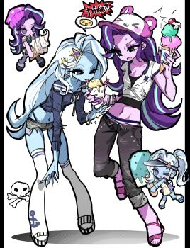 &gt;_o 2girls :o ;d bear_hat black_nails black_panties black_shirt black_shoes blue_eyes blue_hair blue_skin bracelet breasts cherry chibi chibi_inset cleavage collarbone colored_skin commentary curtained_hair denim denim_shorts double_horizontal_stripe english_text exposed_pocket fingernails food food_on_hand fruit full_body grey_pants hair_ornament halftone hat highres holding holding_food holding_ice_cream_cone holding_popsicle ice_cream ice_cream_cone jacket jeans jewelry leaning_forward legs_apart licking long_hair long_sleeves looking_at_another looking_at_food melting_ice_cream midriff mint_chocolate multicolored_hair multicolored_shoes multiple_girls my_little_pony my_little_pony:_equestria_girls my_little_pony:_friendship_is_magic navel neck_ribbon one_eye_closed open-toe_shoes open_mouth outside_border panties pants panty_peek pillarboxed pink_hat pink_shoes popsicle purple_eyes purple_hair purple_skin ribbon shadow sharp_fingernails shirt shoes short-sleeved_jacket short_shorts short_sleeves shorts silver_bracelet simple_background skindentation skull small_breasts smile speech_bubble spoken_emoji standing standing_on_one_leg star_(symbol) star_hair_ornament starlight_glimmer starlight_glimmer_(equestria_girls) streaked_hair striped_clothes striped_panties tgyten thighhighs toes tongue tongue_out trixie_lulamoon trixie_lulamoon_(equestria_girls) two-tone_hair two-tone_hat two-tone_headwear two-tone_shoes underwear uneven_eyes very_long_hair white_background white_hair white_hat white_jacket white_ribbon white_shoes white_thighhighs