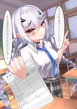 1girl absurdres blush braid braided_twintails breasts choker classroom closed_mouth collared_shirt commentary_request desk fate/grand_order fate_(series) forked_eyebrows glasses grey_skirt highres index_finger_raised long_hair looking_at_viewer melusine_(fate) open_mouth paper school_desk shirt short_sleeves sidelocks skirt small_breasts smile speech_bubble translation_request tutuuraura88 white_hair white_shirt yellow_eyes