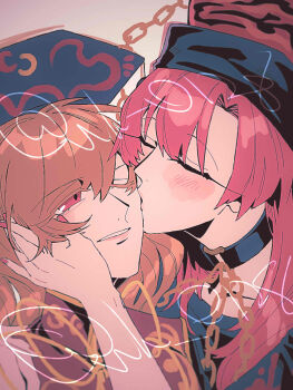 Rule 34 | 2girls, artist name, black choker, black hat, black shirt, blush, chain, chinese clothes, choker, closed eyes, collarbone, colored eyelashes, commentary request, crescent, crescent print, dalachi (headdress), eyelashes, fingernails, gold chain, hair between eyes, half-closed eye, hand on another's face, hand up, hat, hecatia lapislazuli, highres, junko (touhou), kiss, kissing cheek, long hair, looking at another, medium hair, multiple girls, nail polish, neck ribbon, one eye closed, open mouth, orange hair, orange ribbon, pink background, pink hair, pink lips, pink nails, pom pom (clothes), raya (uk 0128), red eyes, red tabard, ribbon, shirt, simple background, smile, t-shirt, tabard, teeth, touhou, underworld (ornament), upper body, wavy hair, yuri