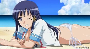 15_bishoujo_hyouryuuki 1girl ass beach bikini blue_hair blue_sky breasts female_focus grin highres long_hair looking_at_viewer lying medium_breasts model modeling no_bra on_stomach one_eye_closed open_clothes panties purple_eyes sand school_uniform side-tie_bikini_bottom sky smile solo stitched swimsuit the_pose third-party_edit underwear water white_panties wink yotsuya_kotoko
