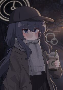 1girl absurdres alternate_costume balenjeong baseball_cap black_hair black_hat blue_archive blue_eyes blue_ribbon blurry blurry_background blush breath brown_coat coat commentary_request cup disposable_cup drinking_straw eyewear_strap glasses grey_scarf hair_between_eyes hair_ribbon halo hat highres holding holding_cup korean_commentary long_hair long_sleeves looking_at_viewer night outdoors peroro_(blue_archive) ribbon round_eyewear scarf solo ui_(blue_archive) very_long_hair