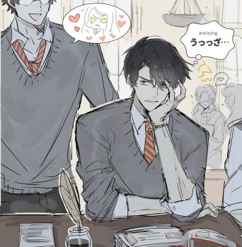 Rule 34 | 2boys, 3girls, annoyed, bitter r18tya, black hair, blush, collar, earrings, english text, eyebrows hidden by hair, glasses, green eyes, grey eyes, hand on own face, harry potter (series), heart, ink, inkwell, james potter, jewelry, long hair, looking at another, multiple boys, multiple girls, necklace, necktie, no eyes, open mouth, parted lips, quill, shirt, sirius black, sitting, speech bubble, standing, striped necktie, sweater, white shirt, wing collar, wizarding world