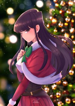 1girl absurdres bell black_eyes black_hair blush bow bowtie breasts capelet christmas_tree closed_mouth fur-trimmed_capelet fur_trim green_bow green_bowtie hair_between_eyes highres j_humbo komi-san_wa_komyushou_desu komi_shouko long_hair long_sleeves red_capelet red_skirt santa_costume skirt solo