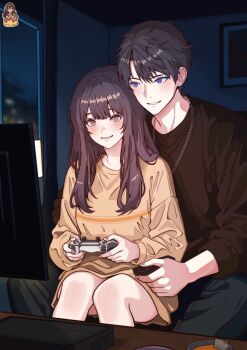 1boy 1girl black_hair black_pants blue_eyes blush breasts brown_eyes brown_hair brown_sweater caleb_(love_and_deepspace) chain chain_necklace controller couple game_controller hair_between_eyes hetero highres holding holding_controller holding_game_controller indoors jewelry long_hair long_sleeves love_and_deepspace medium_breasts necklace no_pants pants parted_lips playing_games protagonist_(love_and_deepspace) short_hair smile sweater tako_drawing yellow_sweater