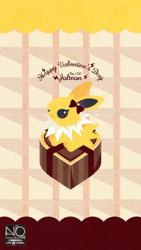 Rule 34 | animal focus, bow, brown bow, candy, character name, chocolate, chocolate heart, food, gen 1 pokemon, happy valentine, heart, heart-shaped food, highres, jolteon, lightning bolt symbol, meme (sleepsheep), neck fur, nintendo, no humans, pokemon, pokemon (creature), pokemon focus, star (symbol), star in eye, symbol in eye, valentine, yellow fur