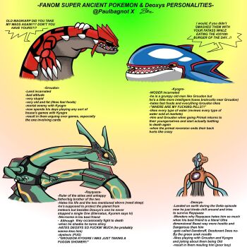 alien anger_vein angry deoxys deoxys_(normal) disgust dragon english_text gen_3_pokemon groudon highres kyogre legendary_pokemon looking_at_another mythical_pokemon nintendo no_humans open_mouth paulbagnot pokemon pokemon_(creature) rayquaza riding sharp_teeth tail teeth tentacles yellow_eyes