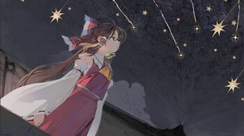 1girl ascot bow brown_eyes brown_hair cloud desert detached_sleeves frilled_bow frilled_hair_tubes frills game_cg hair_bow hair_tubes hakurei_reimu highres long_hair looking_up marisa_of_liartop_mountain mountain non-web_source official_art outdoors red_bow red_skirt ribbon-trimmed_sleeves ribbon_trim second-party_source shihou_(g-o-s) skirt skirt_set solo star_(sky) touhou yellow_ascot