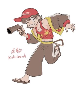 Rule 34 | 1boy, baseball cap, brown eyes, brown hair, brown jacket, brown pants, dancho no mori, diddy kong, donkey kong (series), donkey kong country, flip-flops, full body, grin, gun, handgun, hat, holding, holding gun, holding weapon, humanization, jacket, leg up, male focus, midriff, navel, nintendo, one eye closed, open clothes, open jacket, pants, print headwear, print tank top, red tank top, sandals, short hair, smile, tank top, weapon, white background