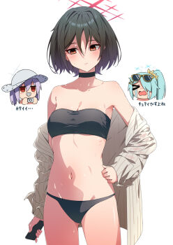 3girls atsuko's_grin_(meme) atsuko_(blue_archive) atsuko_(swimsuit)_(blue_archive) bikini bikini_under_clothes black_bikini blue_archive commentary halo highres hiyori_(blue_archive) hiyori_(swimsuit)_(blue_archive) jacket long_hair meme misaki_(blue_archive) misaki_(swimsuit)_(blue_archive) multiple_girls navel necono_(nekonosora1207) official_alternate_costume pinstripe_pattern pinstripe_shirt red_halo revision see-through_clothes see-through_jacket shirt short_hair star_halo stomach striped_clothes striped_shirt swimsuit translation_request vertical-striped_clothes vertical-striped_shirt