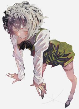 1girl :o absurdres black_bow black_bowtie black_shoes blush bow bowtie closed_mouth commentary green_skirt green_vest hairband highres konpaku_youmu leaning_forward long_sleeves medium_hair po_(anhk5528) shirt shoes skirt socks solo touhou vest white_background white_hair white_shirt white_socks