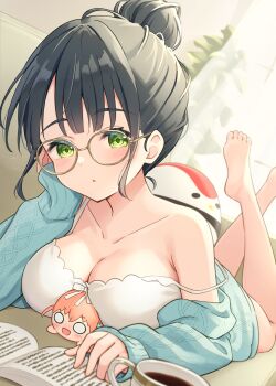 1girl absurdres alternate_costume arm_support armpit_crease bare_shoulders barefoot between_breasts black_hair blue_cardigan blush book breasts camisole cardigan character_doll cleavage coffee commentary cup doll foot_out_of_frame glasses green_eyes hair_bun hanazora_satsuki head_tilt highres hinoshita_kaho large_breasts link!_like!_love_live! lone_nape_hair looking_at_viewer love_live! lying momose_ginko nesoberi nose_blush off_shoulder on_stomach open_book parted_lips short_hair single_hair_bun solo strap_slip stuffed_animal stuffed_bird stuffed_toy symbol-only_commentary teacup the_pose toes tsuru_(love_live!) virtual_youtuber white_camisole yellow-framed_eyewear