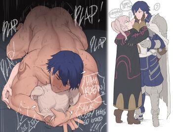 1boy 1girl blue_hair chrom_(fire_emblem) ebinku english_text female_robin_(fire_emblem) fire_emblem fire_emblem_awakening height_difference instant_loss muscular muscular_male prone_bone sex sex_from_behind twintails white_hair