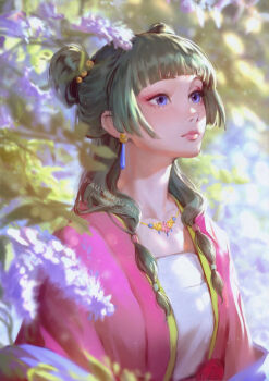 Rule 34 | 1girl, artist name, blue eyes, blunt bangs, breasts, chinese clothes, closed mouth, commentary, double bun, earrings, eyeliner, flower, green hair, hair bun, hair over shoulder, half updo, jewelry, kusuriya no hitorigoto, long hair, makeup, maomao (kusuriya no hitorigoto), paulina klime, pink robe, purple flower, red eyeliner, robe, small breasts, solo, upper body
