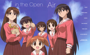 Rule 34 | 6+girls, azumanga daiou, blue sky, brown hair, english text, food, highres, kagura (azumanga daioh), kasuga ayumu, looking at viewer, mihama chiyo, mizuhara koyomi, multiple girls, official art, sakaki (azumanga daioh), scan, sky, smile, takino tomo, twintails