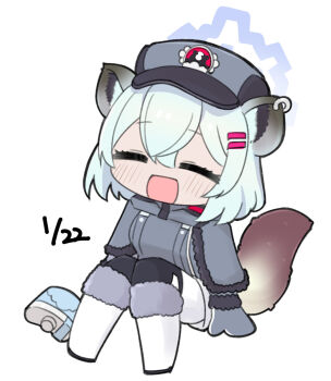 1girl :d ^_^ animal_ear_fluff animal_ears black_pantyhose blue_archive blush boots capelet chibi closed_eyes dated ear_piercing facing_viewer full_body fur-trimmed_boots fur-trimmed_capelet fur-trimmed_sleeves fur_hat fur_trim grey_capelet grey_hair grey_hat grey_jacket grey_mittens hair_ornament hairclip halo hat highres hip_flask jacket long_sleeves miranofuudoria mittens open_mouth pantyhose piercing shigure_(blue_archive) shorts simple_background sitting smile solo tail white_background white_boots white_shorts