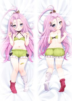 1girl aino_(genshin_impact) ass bandaid bandaid_on_leg bangs_pinned_back bloomers blue_eyes blush bra commentary commission comodox dakimakura_(medium) english_commentary flat_chest genshin_impact green_bloomers green_bra hair_ornament hairclip hands_up highres loli long_hair looking_at_viewer lying mismatched_socks multiple_views navel on_back on_stomach open_mouth pink_hair red_socks sample_watermark screw_hair_ornament socks underwear underwear_only variant_set very_long_hair watermark white_socks