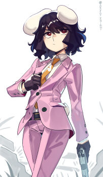 Rule 34 | 1girl, alternate costume, animal ears, boa (brianoa), brown gloves, brown hair, closed mouth, collared shirt, commentary, cowboy shot, crossdressing, crossdressing (ftm), english commentary, floppy ears, gloves, gun, handgun, highres, holding, holding gun, holding weapon, inaba tewi, jacket, necktie, pants, pink jacket, pink pants, rabbit ears, rabbit girl, rabbit tail, red eyes, shirt, solo, tail, touhou, twitter username, weapon, white shirt, yellow necktie