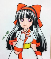 Rule 34 | 1girl, ainu clothes, black eyes, black hair, breasts, covering own mouth, dated, fingerless gloves, gloves, hair ribbon, hand over own mouth, highres, large breasts, long hair, looking at viewer, nakoruru, ribbon, samurai spirits, smile, snk, the king of fighters, traditional media