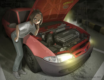 1girl artist_name car commentary_request grey_pants headlight_beam highres jettoburikku license_plate malay_commentary malaysia mixed-language_commentary motor_vehicle night open_car_hood original outdoors pants proton_(automobile) red_car road shirt shoes sneakers solo watermark white_shirt white_shoes