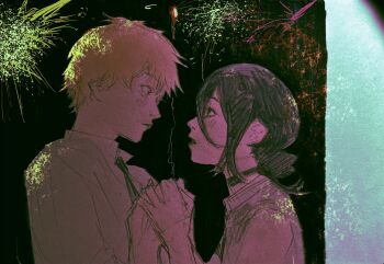 Rule 34 | 1boy, 1girl, aerial fireworks, black choker, black hair, blonde hair, chainsaw man, choker, denji (chainsaw man), eye contact, fireworks, grabbing another's hand, grey shirt, hair between eyes, hair bun, hetero, highres, looking at another, machipachi1901, night, outdoors, reze (chainsaw man), shirt, sleeveless, sleeveless shirt