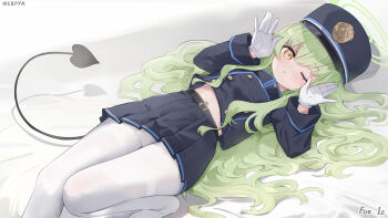 1girl armband black_hat black_jacket black_skirt blue_archive blush breasts buttons commission cropped_jacket demon_tail double-breasted earrings gloves green_hair halo hat highres hikari_(blue_archive) jacket jewelry long_hair long_sleeves looking_at_viewer lying midriff navel nekoya_(liu) on_back one_eye_closed pantyhose peaked_cap pixiv_commission pointy_ears sidelocks skirt small_breasts solo tail thighs white_gloves white_pantyhose yellow_eyes