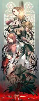 2boys 3girls ahoge bad_id bad_pixiv_id black_hair blonde_hair blue_eyes brown_eyes brown_hair claws clenched_teeth cloak covered_face crushing glasses grin hair_ornament hairclip highres hood kimura_daisuke knife long_hair multiple_boys multiple_girls open_mouth outstretched_arm power red_eyes red_hair school_uniform serafuku side_ponytail skirt smile stained_glass sweater teeth torn_clothes yuuutsu_na_villains