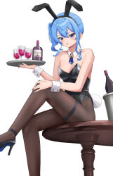 Rule 34 | 1girl, :p, animal ears, bare shoulders, black leotard, blue eyes, blue hair, blue necktie, bottle, breasts, brown pantyhose, bucket, cup, detached collar, drinking glass, fake animal ears, high heels, highres, hiiragi melt, holding, holding tray, hololive, hoshimachi suisei, leotard, necktie, pantyhose, playboy bunny, rabbit ears, short necktie, side ponytail, sitting, small breasts, solo, star (symbol), star in eye, symbol in eye, table, thigh strap, thighs, tongue, tongue out, tray, virtual youtuber, wine bottle, wine glass, wrist cuffs