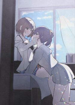 2girls asahina_mafuyu black_bra blue_skirt blue_sky bra brown_eyes brown_hair cloud commentary_request curtains day grey_shirt grey_skirt hand_on_another&#039;s_face highres indoors lens_flare multiple_girls plaid_clothes plaid_skirt pleated_skirt ponytail project_sekai purple_eyes purple_hair school_uniform serafuku shinonome_ena shirt short_hair skirt sky touka127430 underwear white_shirt window yuri