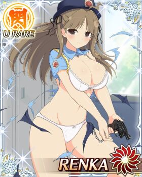 Rule 34 | 1girl, ahoge, blue shirt, blush, border, bra, breasts, brown eyes, brown hair, bun cover, card (medium), character name, closed mouth, day, double bun, female service cap, frown, game cg, gun, hair bun, handgun, hat, holding, holding gun, holding weapon, large breasts, lightning ahoge, locker, locker room, long hair, navel, official art, panties, parted bangs, pencil skirt, police, police hat, police uniform, policewoman, renka (senran kagura), revolver, senran kagura, senran kagura new wave, shirt, skirt, solo, torn clothes, underwear, weapon, white bra, white panties