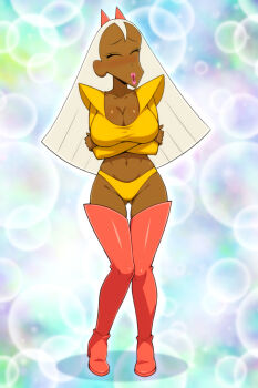Rule 34 | 1girl, blush, boots, breasts, chokirinu vesta, closed eyes, collarbone, commentary request, crayon shin-chan, crayon shin-chan: adventure in henderland, dark skin, full body, hair ornament, highres, large breasts, long hair, long sleeves, makeup, navel, open mouth, panties, pink boots, standing, tan, thick lips, thighhighs, thighs, tumamiya01, underwear, white hair, yellow panties