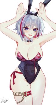1girl adapted_costume animal_ears black_leotard blue_eyes breasts cleavage commentary commentary_request detached_collar english_commentary fake_animal_ears gnu36 grey_hair highres honkai:_star_rail honkai_(series) large_breasts leotard looking_at_viewer mixed-language_commentary multicolored_hair playboy_bunny rabbit_ears rabbit_pose red_hair short_hair simple_background solo thigh_strap thighs topaz_(honkai:_star_rail) two-tone_hair white_background