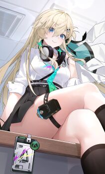 1girl absurdres black_skirt blonde_hair blue_eyes breasts chinese_commentary closed_mouth commentary_request crossed_legs desk earrings from_below hair_between_eyes hair_ornament headphones headphones_around_neck highres indoors jewelry long_hair looking_at_viewer lynae_(wuthering_waves) medium_breasts nabenyaa on_desk shirt shirt_tucked_in sitting skirt skull_hair_ornament smile solo star_(symbol) star_earrings white_shirt wuthering_waves