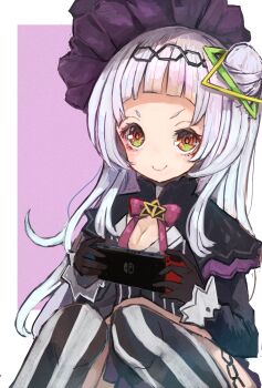 >:) 1girl arched_bangs black_capelet black_gloves black_hat black_shirt bow bowtie breasts brooch capelet cleavage closed_mouth commentary_request evil_smile faux_traditional_media foot_out_of_frame gloves grey_hair grey_thighhighs hair_bun hair_ornament hairband handheld_game_console hat highres holding holding_handheld_game_console hololive jewelry knees_up long_hair long_sidelocks long_sleeves looking_at_viewer miniskirt multicolored_thighhighs murasaki_shion murasaki_shion_(1st_costume) nintendo_switch nyucha painterly pink_bow pink_bowtie purple_background shirt short_eyebrows side_up_bun sidelocks single_side_bun sitting skirt small_breasts smile solo star_brooch striped_clothes striped_shirt striped_thighhighs thighhighs thighlet tilted_headwear triangle_hair_ornament two-tone_thighhighs v-shaped_eyebrows vertical-striped_clothes vertical-striped_shirt vertical-striped_thighhighs virtual_youtuber witch_hat yellow_eyes