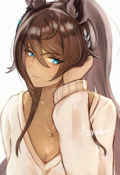 Rule 34 | 1girl, animal ears, blue eyes, blush, breasts, brown hair, cleavage, closed mouth, collarbone, commentary request, dark-skinned female, dark skin, earrings, hair between eyes, highres, horse ears, horse girl, jewelry, long hair, long sleeves, looking at viewer, medium breasts, necklace, orusun, ponytail, simple background, single earring, sweater, symboli kris s (umamusume), umamusume, upper body, white background, white sweater