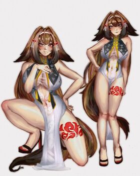 2girls absurdres animal_ears bare_shoulders blush breasts brown_hair chinese_clothes clover_hair_ornament commentary dress english_commentary friderry full_body hair_ornament hairband highres multiple_girls non-web_source red_eyes simple_background tail tattoo white_background ye_shunguang zenless_zone_zero