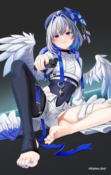 Rule 34 | 1girl, ahoge, amane kanata, amane kanata (lock on), barefoot, beret, blue nails, casino (casinoep), colored inner hair, feathered wings, feet, foot focus, grey hair, gun, hat, highres, holding, holding gun, holding weapon, hololive, multicolored hair, nail polish, no shoes, purple eyes, shorts, single leg pantyhose, solo, stirrup legwear, toeless legwear, toenail polish, toenails, toes, virtual youtuber, weapon, white shorts, wings