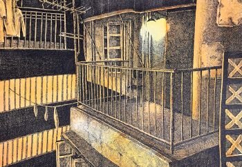 alley balcony chair city clothesline glowing hatching hatching_(texture) highres ibsukionsen linear_hatching monochrome no_humans open_window original railing scenery sepia traditional_media window woven_hatching