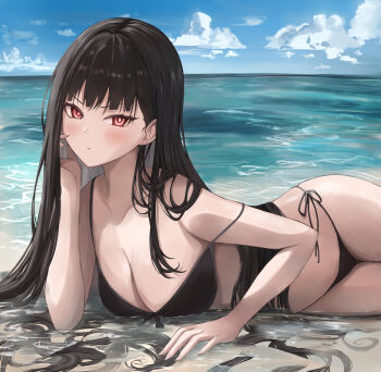 1girl beach bikini black_bikini black_hair blue_archive breasts highres long_hair pout red_eyes rio_(blue_archive) seaside swimsuit toua