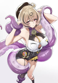 1girl absurdres arms_up asymmetrical_shorts bare_shoulders beret black_hat blonde_hair breasts button_gap closed_mouth collarbone commentary english_commentary feet_out_of_frame garter_straps hair_between_eyes hat high-waist_shorts highres large_breasts mole mole_under_mouth monster_girl pichipeek purple_eyes scylla shirt shirt_tucked_in short_hair shorts simple_background single_garter_strap single_sock single_thighhigh sleeveless sleeveless_shirt smile socks solo suction_cups tentacle_girl tentacle_tail tentacles thighhighs white_background white_shirt yidhari_murphy zenless_zone_zero
