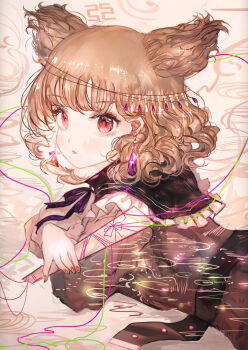 1girl brown_hair closed_mouth earrings frilled_shirt_collar frills from_side hair_ears highres holding jewelry long_sleeves looking_at_viewer lying majamari mismatched_earrings nail_polish on_stomach partially_submerged red_eyes red_nails shirt short_hair solo touhou toyosatomimi_no_miko water wavy_hair white_shirt