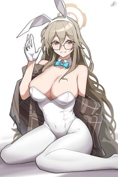 Rule 34 | 1girl, absurdres, akane (blue archive), akane (bunny) (blue archive), animal ears, bare shoulders, blue archive, breasts, cleavage, commentary request, fake animal ears, glasses, gloves, halo, highres, jiho (artist), large breasts, leotard, long hair, looking at viewer, open mouth, pantyhose, playboy bunny, rabbit ears, simple background, sitting, solo, thick thighs, thighhighs, thighs, wariza, white gloves, white leotard, white pantyhose