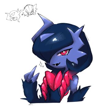 1girl absol asymmetrical_horns blue_fur blue_hair blue_horns bob_cut body_fur bright_pupils cropped_torso doodle_inset fang female_focus fewer_digits furry furry_female fusion gardevoir gen_3_pokemon hair_over_one_eye hand_up happy horns iroai-chan looking_at_viewer mega_absol_z mega_gardevoir mega_pokemon nintendo one_eye_covered open_mouth pokemon pokemon_(creature) red_eyes short_hair simple_background skin_fang smile solo sparkle two-tone_fur upper_body white_background white_pupils