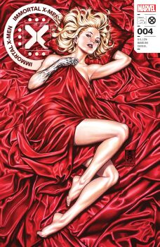1girl absurdres arm_behind_head barefoot blanket blonde_hair blue_eyes breasts comic_cover company_name copyright_logo copyright_name cover cover_page diamond_skin emma_frost english_text full_body head_on_pillow highres implied_nudity large_breasts logo looking_at_viewer lying makeup mark_brooks marvel official_art on_back parted_lips pillow red_lips short_hair solo western_comics_(style) x-men