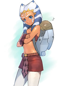 1girl ahsoka_tano alien animification backpack bag bandeau bare_shoulders belt black_skirt blue_eyes breasts carrying cleavage clone_wars colored_skin crossed_arms facial_mark female_focus fingerless_gloves forehead_mark frown gloves highres loincloth looking_at_viewer looking_back midriff miniskirt musical_note navel orange_skin pantyhose profile rotta_the_hutt size_difference skirt small_breasts solo standing star_wars star_wars:_clone_wars_(2008_movie) star_wars:_the_clone_wars_(2008_tv_series) strapless striped_clothes striped_headwear tan tentacle_hair togruta tube_top uchiu_kazuma white_pantyhose wrist_cuffs