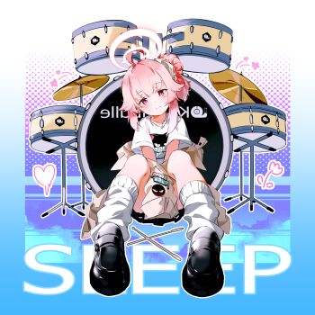 1girl absurdres ahoge animal_print between_legs black_shoes black_skirt blue_archive brown_jacket cat_print closed_mouth commentary drum hair_bun hair_ornament hair_scrunchie halo hand_between_legs highres instrument jacket leg_warmers looking_at_viewer moelava natsu_(band)_(blue_archive) natsu_(blue_archive) official_alternate_costume official_alternate_hairstyle open_clothes open_jacket pink_hair pink_halo red_eyes scrunchie shirt shoes side_ponytail single_side_bun skirt smile solo symbol-only_commentary t-shirt white_leg_warmers white_scrunchie white_shirt