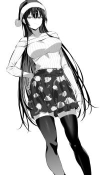 1girl bare_shoulders black_hair breasts collarbone floral_print hair_between_eyes haite_kudasai_takamine-san hand_on_own_hip hat hiiragi_yuuichi large_breasts long_hair off-shoulder_sweater off_shoulder pom_pom_(clothes) ribbed_shirt rose_print santa_hat shirt skirt solo sweater takamine_takane thighhighs zettai_ryouiki