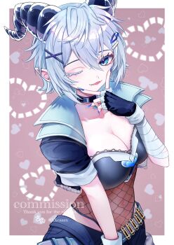 1girl absurdres black_bra black_choker black_gloves black_jacket blue_eyes blue_nails border bra breasts bullet choker cleavage collarbone colored_eyelashes commentary commission cowboy_shot cropped_jacket crossed_bangs double-parted_bangs english_commentary fangs fingernails fishnet_top fishnets gloves grey_hair hair_between_eyes hair_ornament heart highres horns indie_virtual_youtuber jacket large_breasts looking_at_viewer nail_polish one_eye_closed open_clothes open_jacket outside_border parted_lips pointy_ears short_hair smile solo thecookie_(vtuber) underwear vgen_commission virtual_youtuber white_border x_hair_ornament xxcaaan